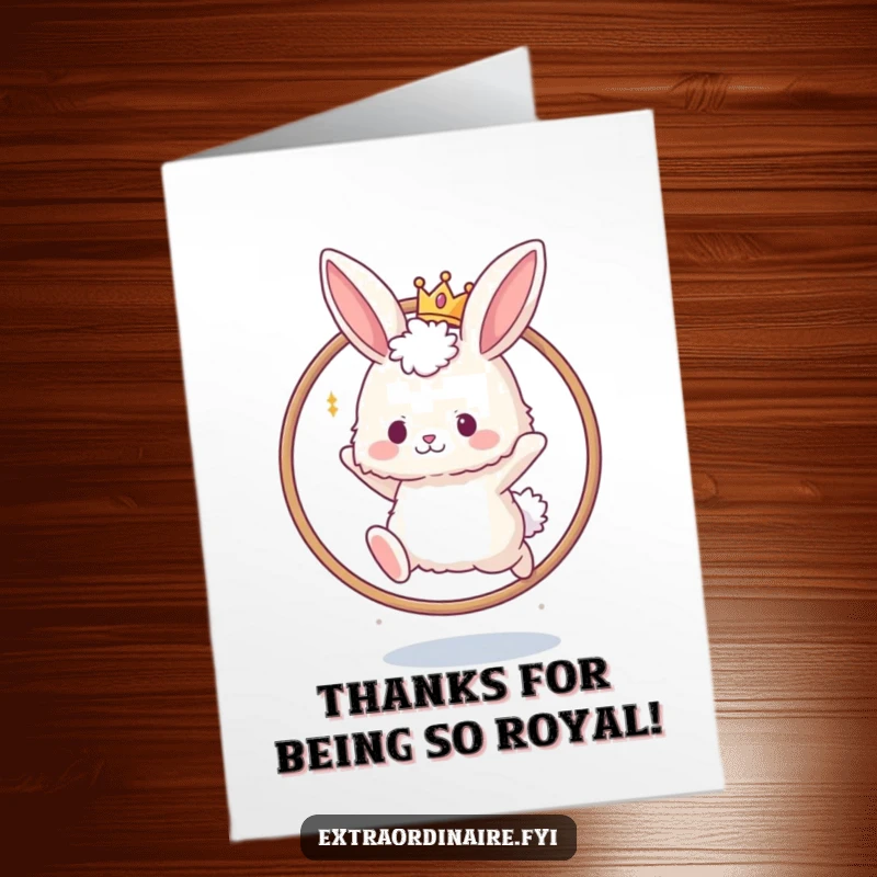Funny Free Printable Thank You Card: Fluffy bunny wearing a tiny crown leaps through a hoop, a charming expression of thanks.