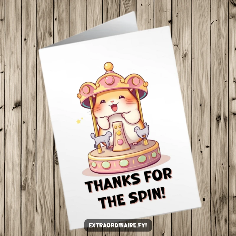Funny Free Printable Thank You Card: A delighted hamster spins a miniature, magical carousel, sending thanks your way.