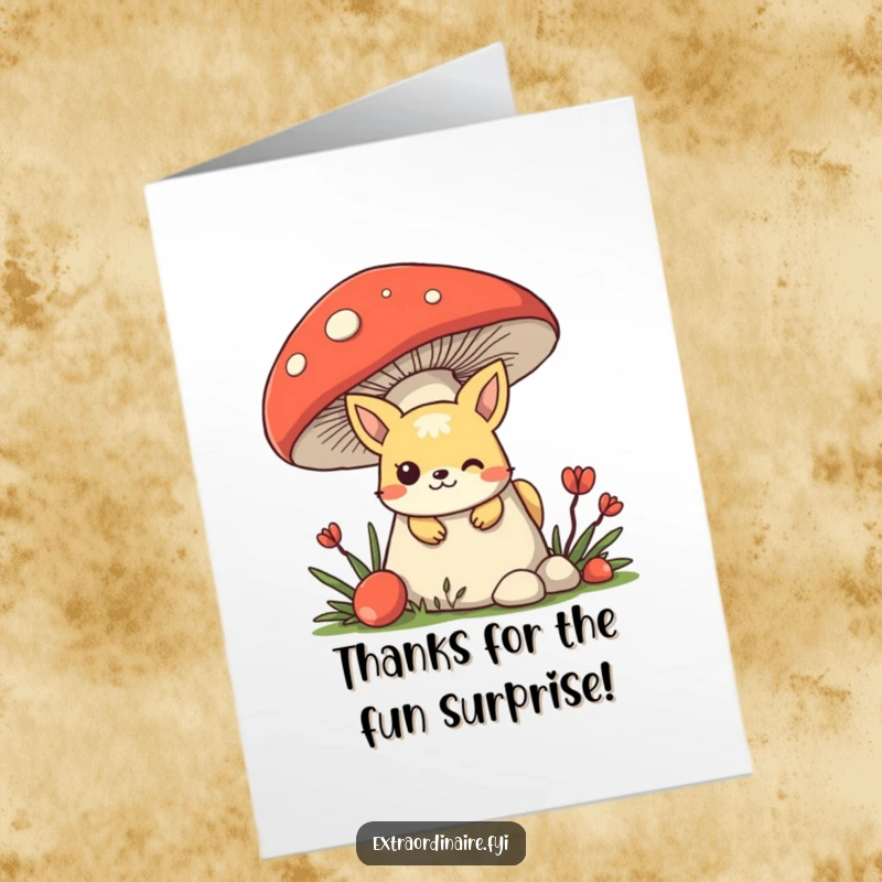 Funny Free Printable Thank You Card: A mischievous animal character hiding behind a giant mushroom, peeking out slyly.