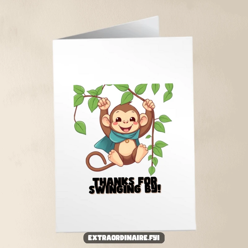 Funny Free Printable Thank You Card: A monkey in a little cape hangs dramatically from a vine, expressing thanks.