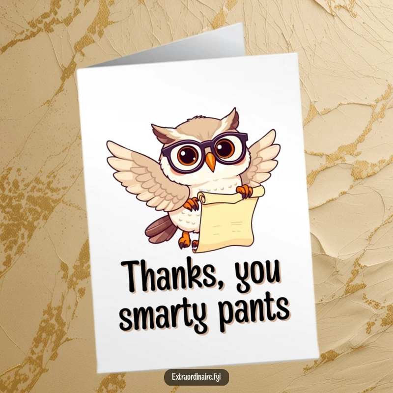Funny Free Printable Thank You Card: A spectacled owl with a scroll conveys appreciation with scholarly humor.