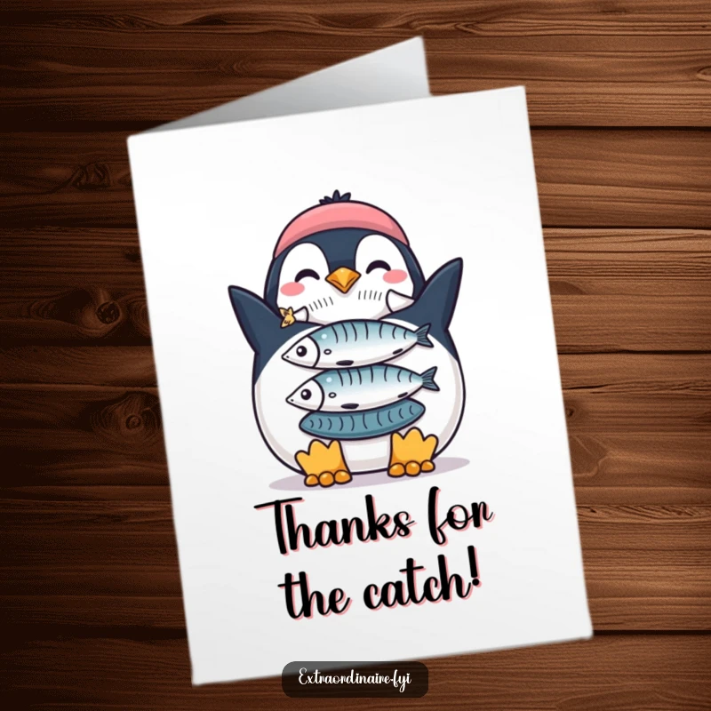 Funny Free Printable Thank You Card: A proud penguin displays a perfectly balanced stack of fish, conveying thanks.