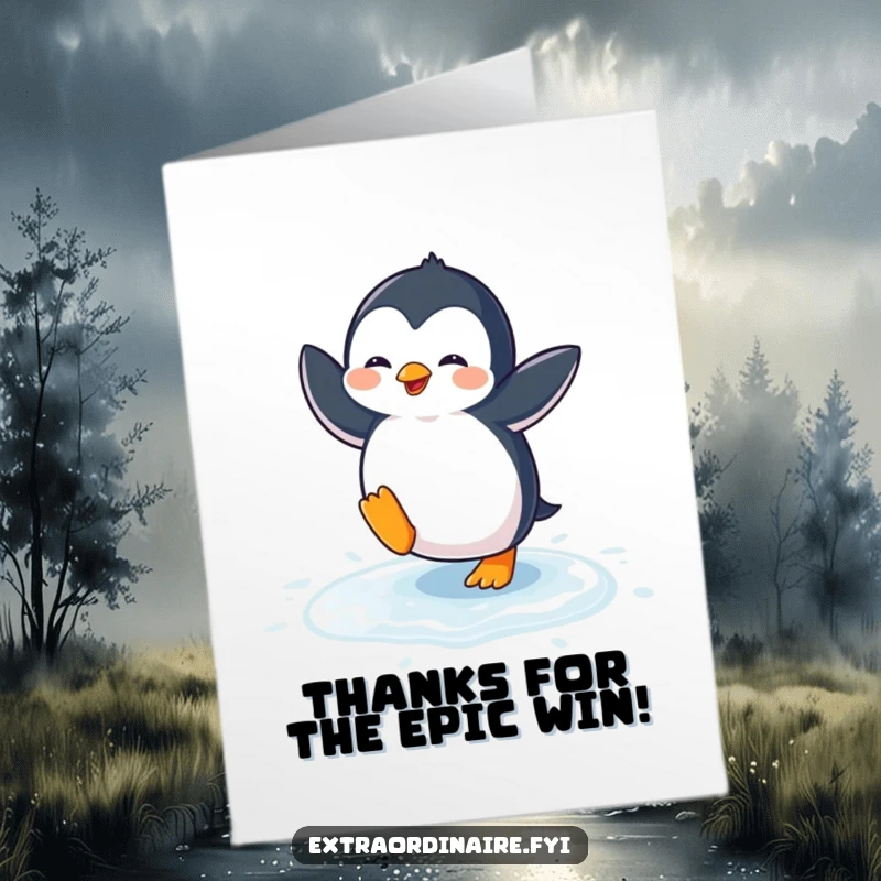 Funny Free Printable Thank You Card: A quirky penguin dancing enthusiastically on ice, expressing thanks with humor.