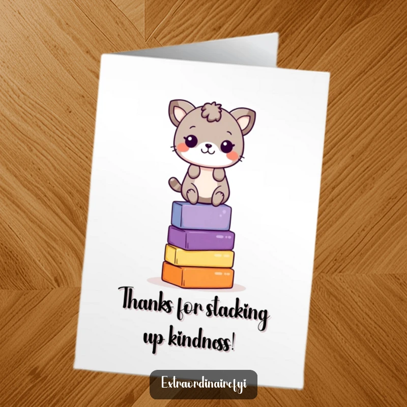 Funny Free Printable Thank You Card: Playful animal character balancing high on a stack of colorful blocks.