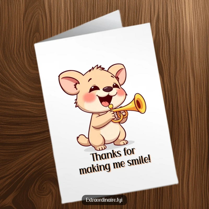 Funny Free Printable Thank You Card: Animal character joyfully playing a tiny trumpet, conveying thanks with a smile.