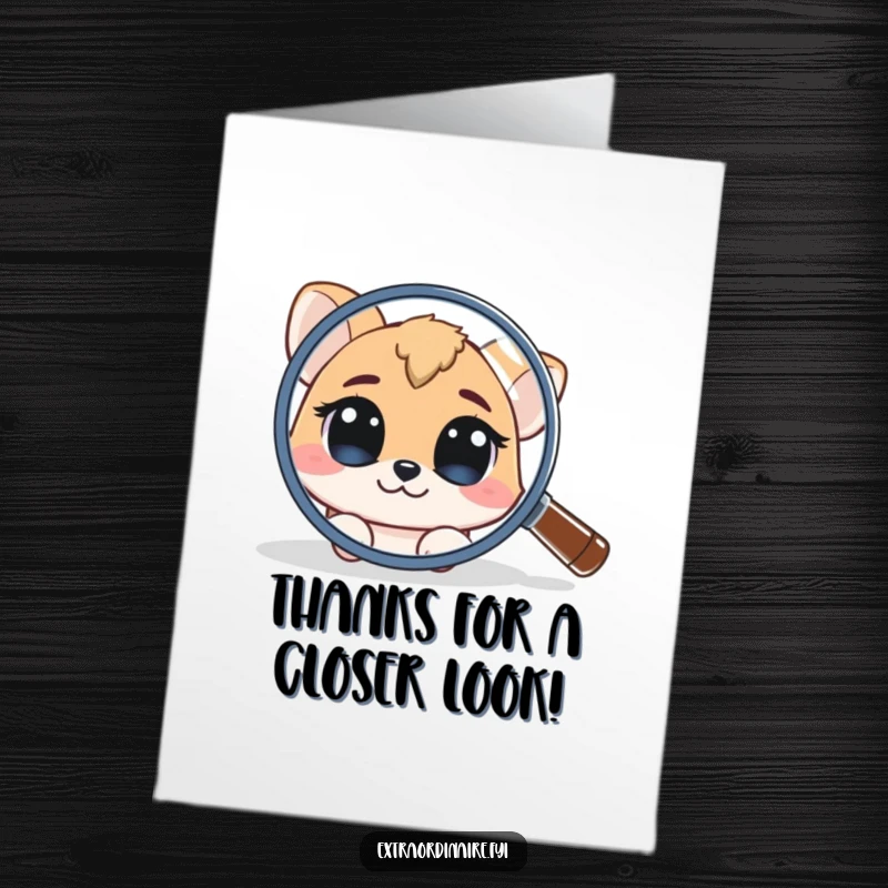 Funny Free Printable Thank You Card: Curious animal character peeking from behind a magnifying glass, showing thanks.