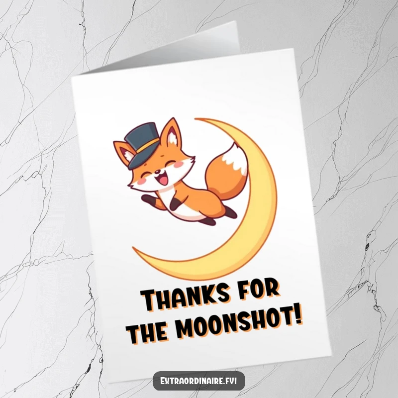 Funny Free Printable Thank You Card: A fox in a dapper top hat leaping jubilantly over a glowing crescent moon.