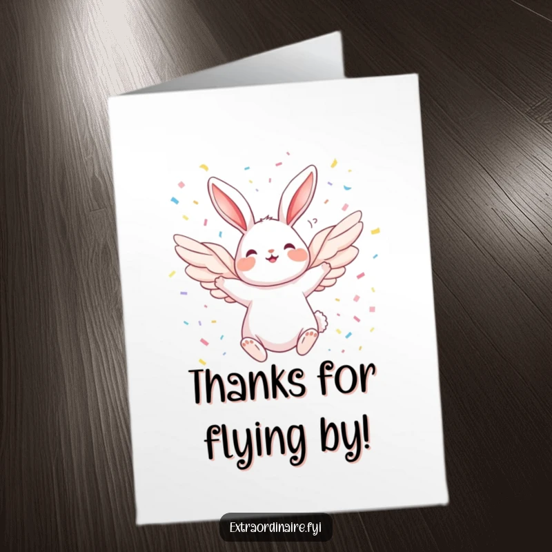 Funny Free Printable Thank You Card: A happy winged rabbit gracefully flying through a bright confetti shower.