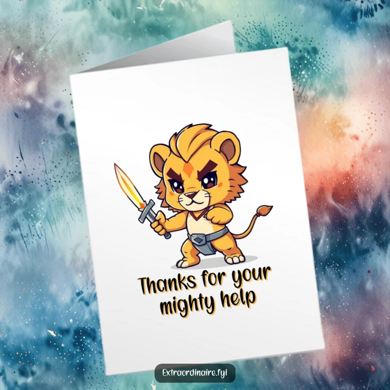 Funny Free Printable Thank You Card with a brave lion cub character holding a glowing sword, expressing heartfelt gratitude.