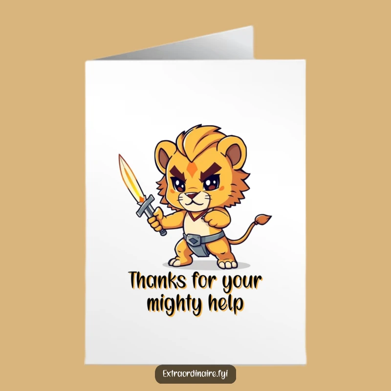 Free Printable Thank You Card: Lion Cub Sword Warrior, Heartfelt Downloadable Gift