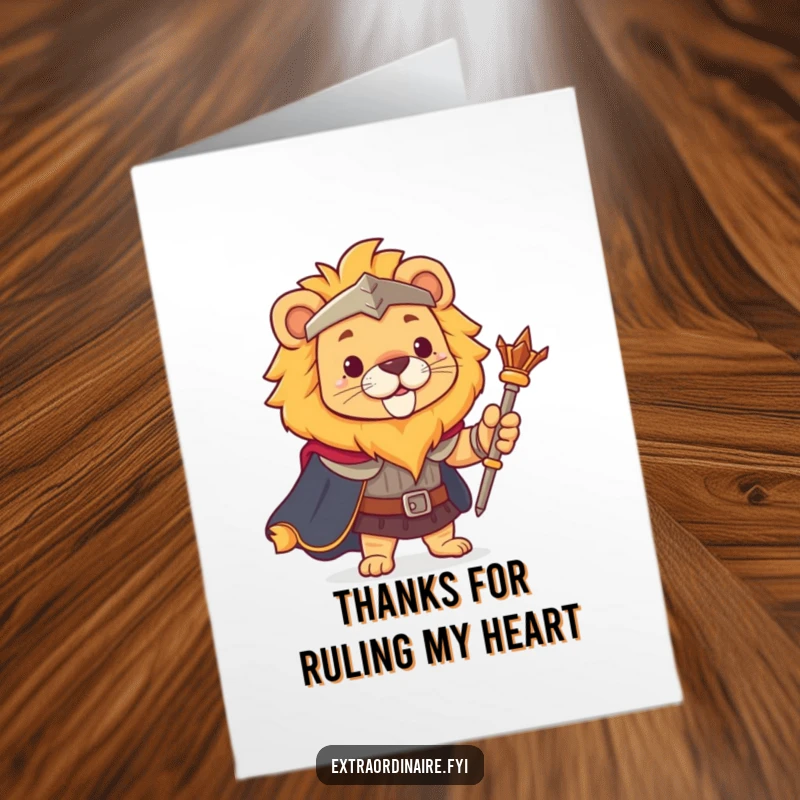 Funny Free Printable Thank You Card: A brave lion in a cape holding a scepter, expressing thanks.