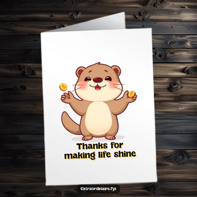Funny Free Printable Thank You Card: A cheerful otter juggling golden coins in thanks.