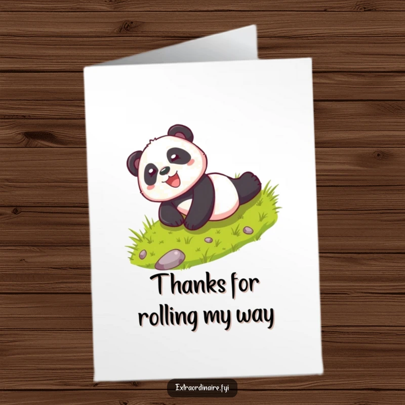 Funny Free Printable Thank You Card: A playful panda rolls down a hill with glee, sending thanks with a happy tumble.