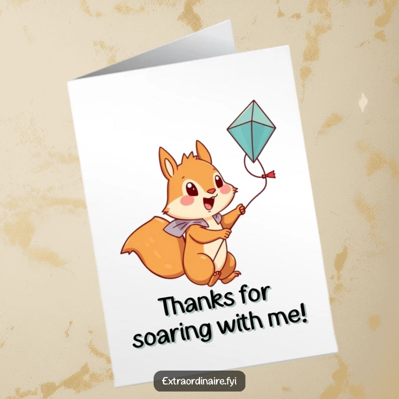 Funny Free Printable Thank You Card: A brave squirrel rides a kite, sending thanks high above the world.