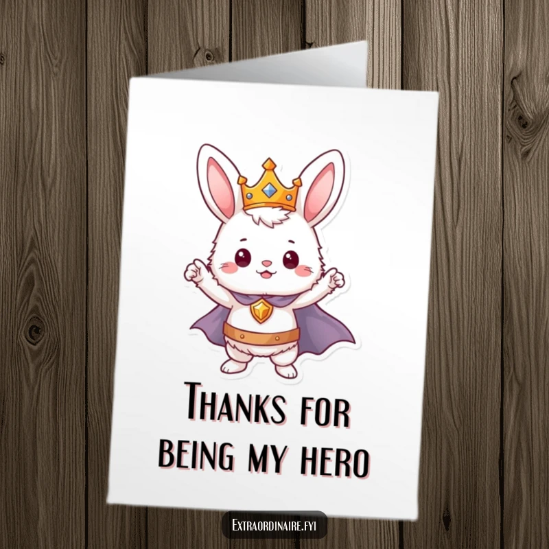 Funny Free Printable Thank You Card featuring a fluffy bunny hero in a cape and crown, giving a heroic nod of thanks.