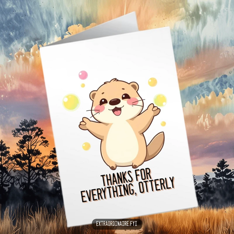 Free Printable playful otter juggling glowing orbs, expressing thanks on a thank you card.