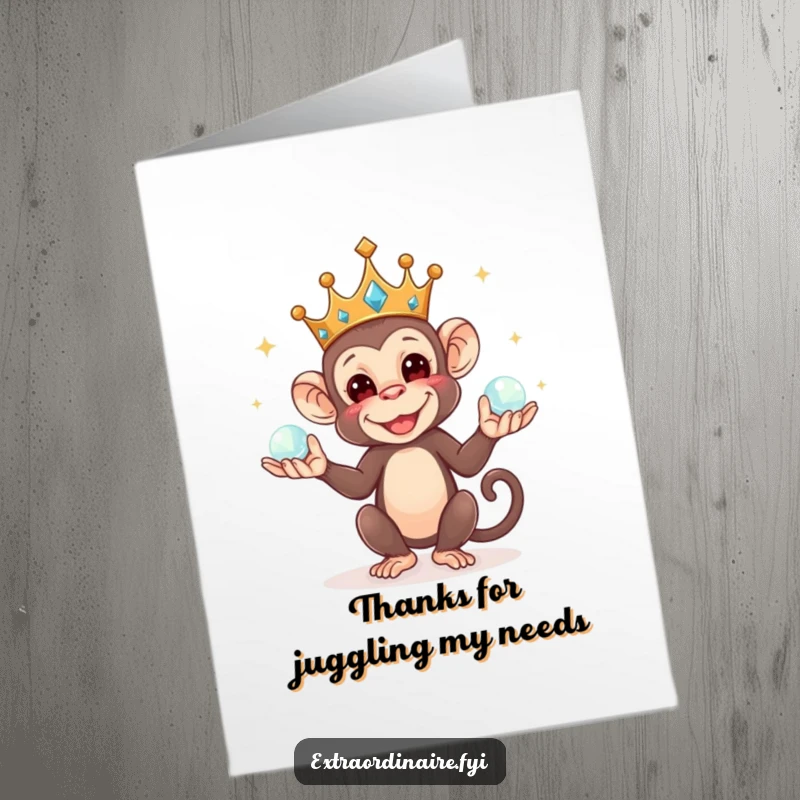 Funny Free Printable Thank You Card: A mischievous monkey in a crown juggling sparkling orbs, conveying royal thanks.