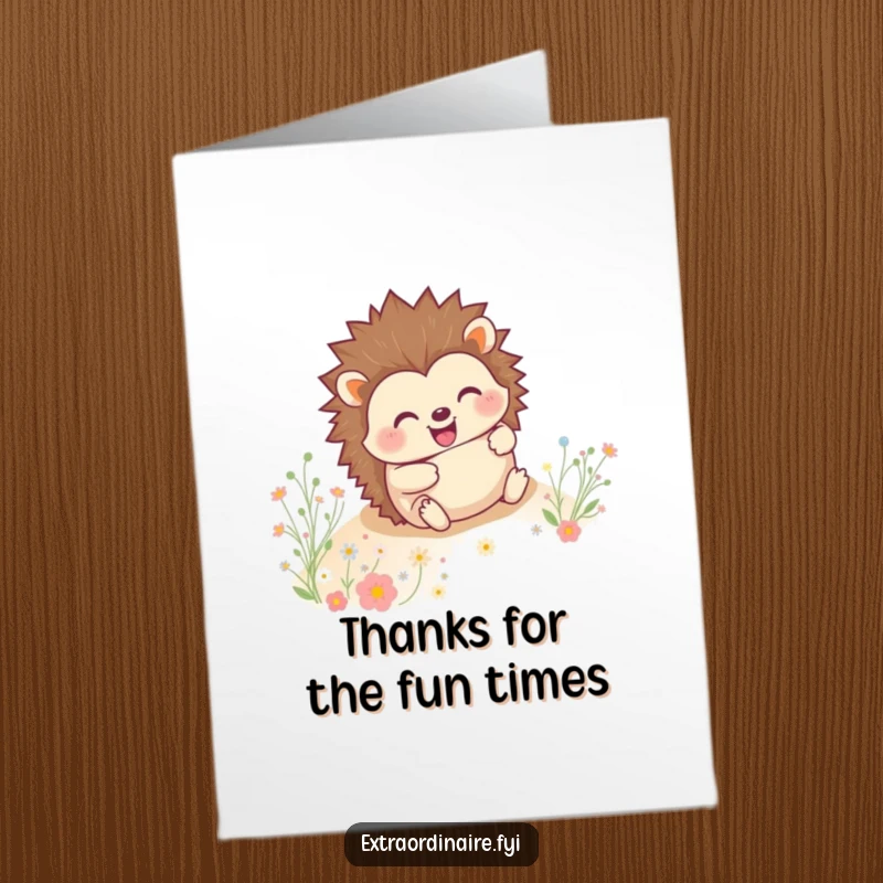 Funny Free Printable Thank You Card: Happy hedgehog rolling downhill with a grin, offering thanks with flowers.