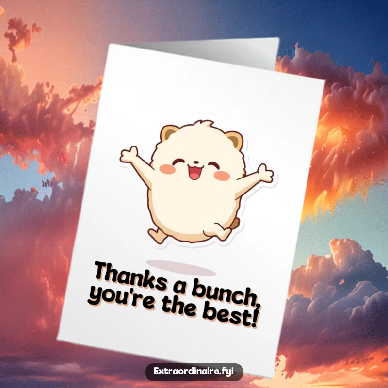 Funny Free Printable Thank You Card: Fluffy round animal leaping with joy, conveying heartfelt thanks.