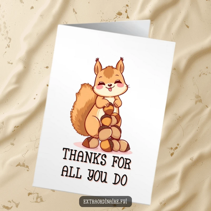 Funny Free Printable Thank You Card: A squirrel offers thanks with a joyful giggle and many acorns.