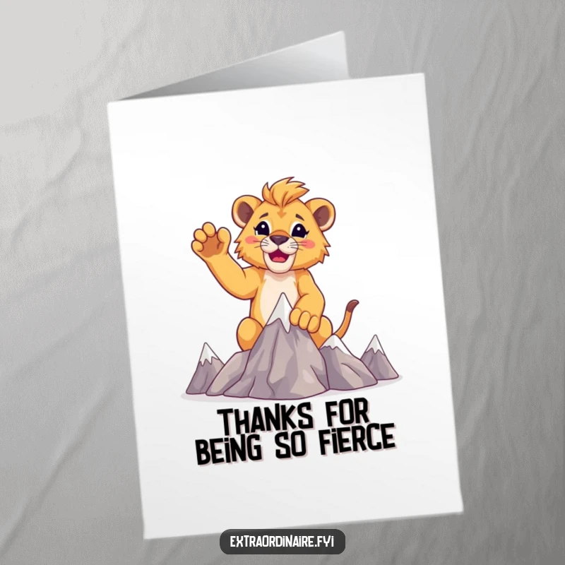 Funny Free Printable Thank You Card: A jubilant lion cub raising its paws, conveying warm and humorous thanks.