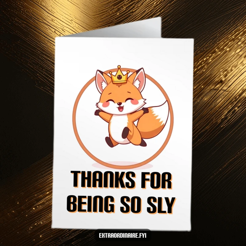 Funny Free Printable Thank You Card: A cheerful crowned fox leaping through a hoop, a unique way to express thanks.