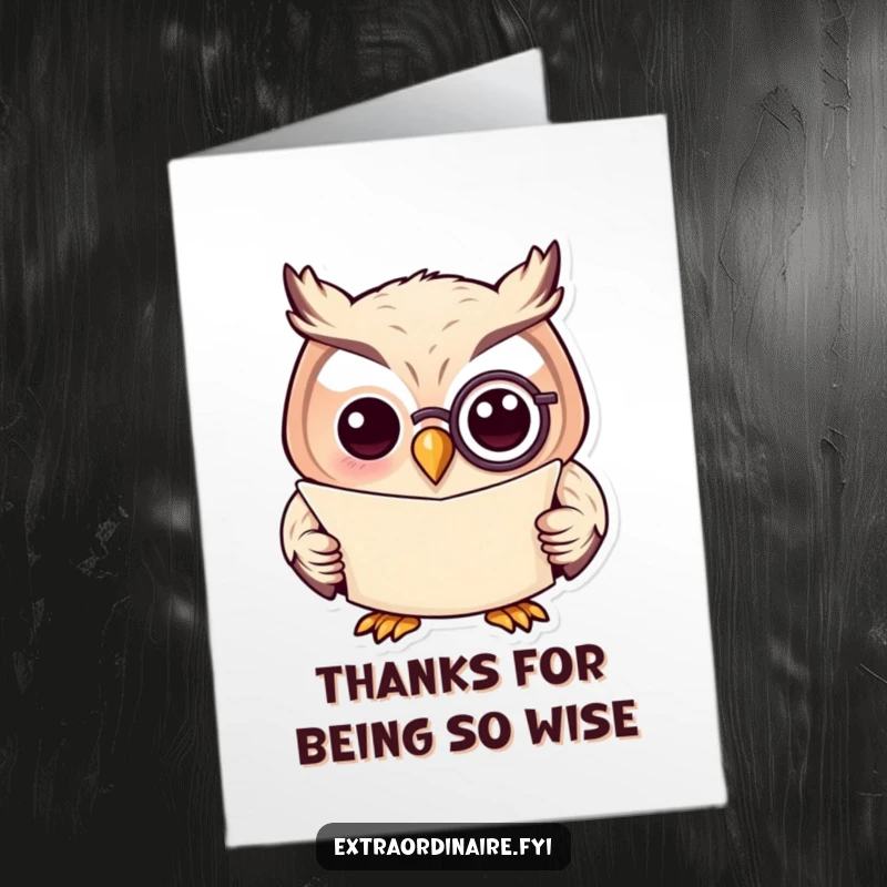 Funny Free Printable Thank You Card: A scholarly owl wearing a monocle reads a scroll, offering thanks.