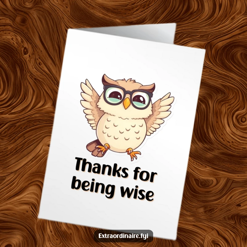 Funny Free Printable Thank You Card: A giggling owl with glasses tries flying with mismatched wings, sending thanks.