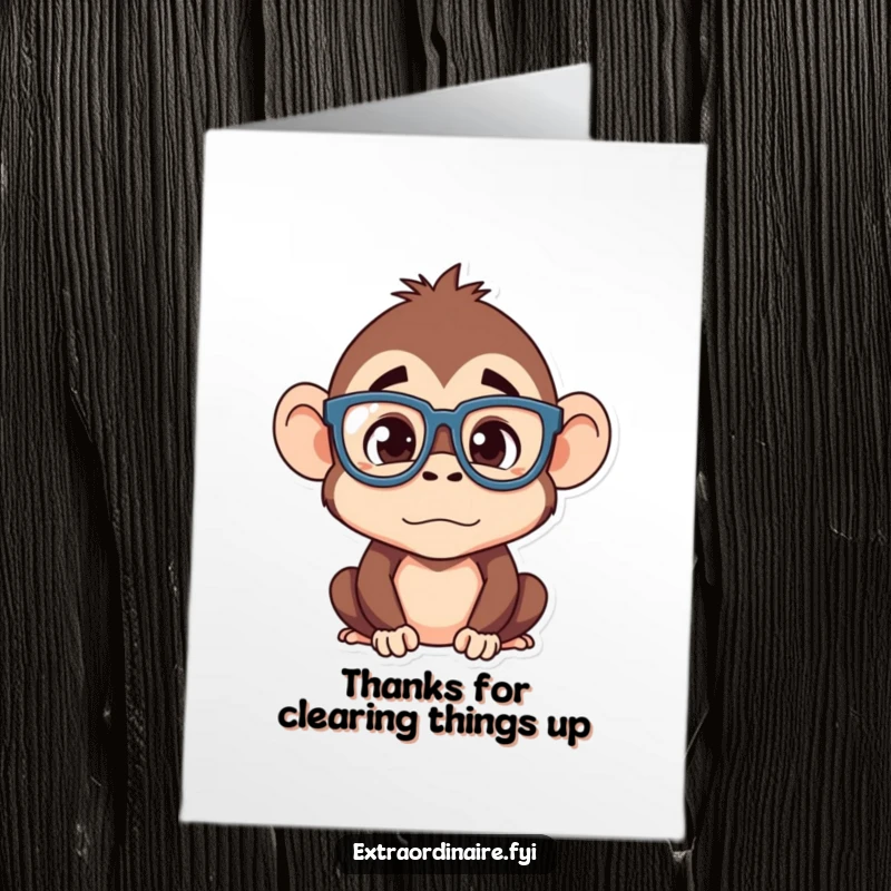 Funny Free Printable Thank You Card depicting a silly monkey character in oversized glasses with a bewildered expression.