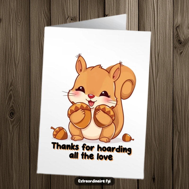 Funny Free Printable Thank You Card depicting a squirrel vigorously stuffing its cheeks with oversized, sparkling acorns.