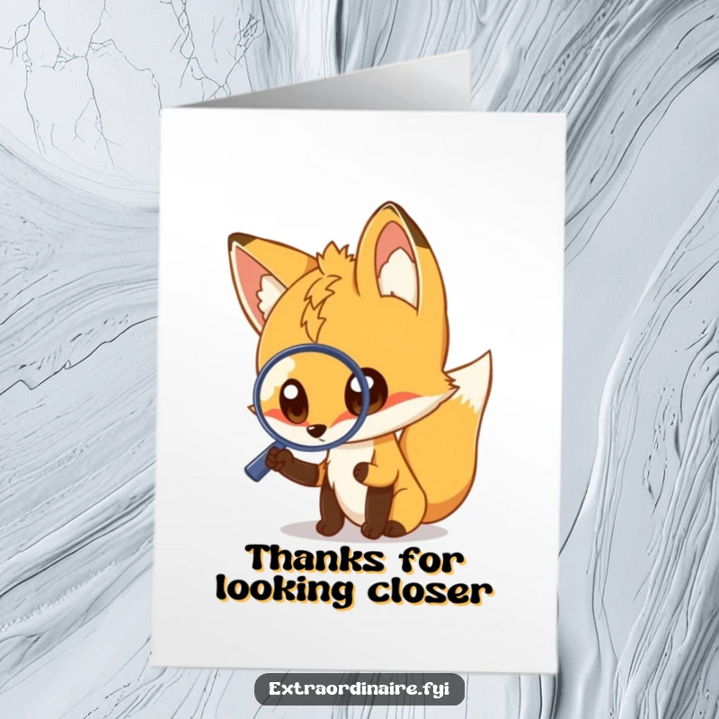 Funny Free Printable Thank You Card: A curious fox with a magnifying glass looks for the right words to express gratitude, a delightful gift.