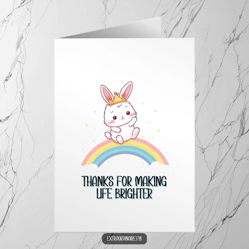 Funny Free Printable Thank You Card featuring a majestic bunny hopping over a shimmering rainbow.