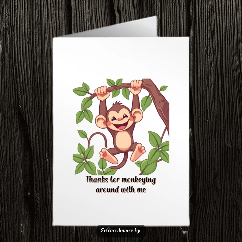 Funny Free Printable Thank You Card: A delighted monkey swings wildly, offering thanks with a huge, infectious grin.