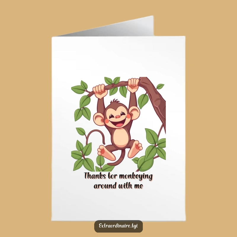 Free Printable Thank You Card: Grinning Monkey swinging thanks, a heartfelt downloadable gift!