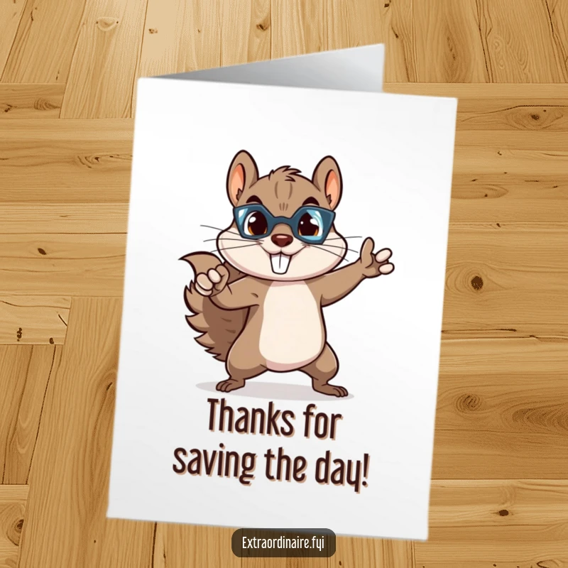 Funny Free Printable Thank You Card featuring a superhero squirrel ready for action.