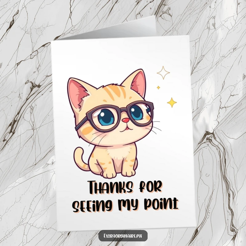 Funny Free Printable Thank You Card: A curious cat in spectacles peering into a starry void, conveying deep thanks.