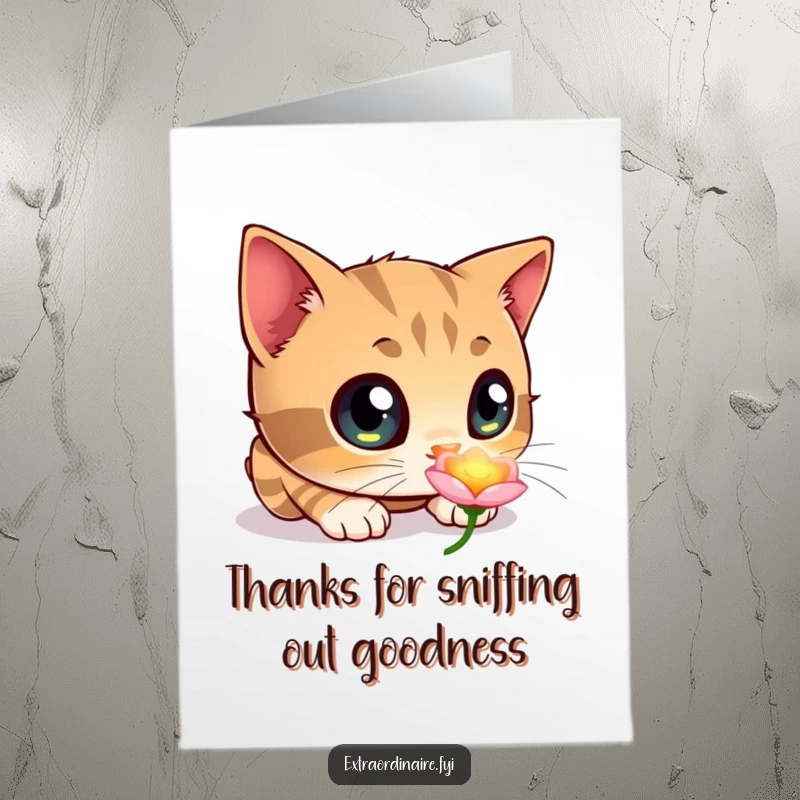 Funny Free Printable Thank You Card featuring an inquisitive cat with huge eyes sniffing a softly glowing, mystical flower.
