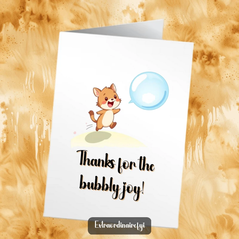 Funny free printable thank you card: A goofy animal gleefully chasing a translucent, airy bubble. A lighthearted way to say thanks!