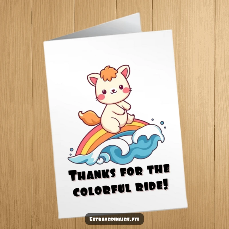 Funny free printable thank you card: A happy animal perched on a bright rainbow, offering a cheerful wave. A delightful thanks!