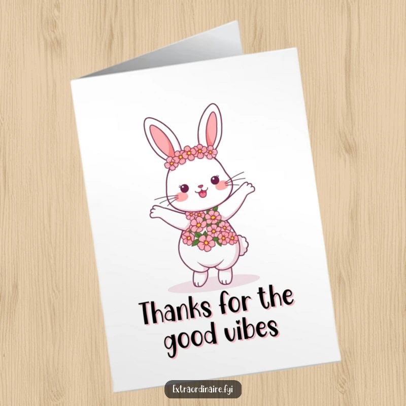 Funny Free Printable Thank You Card: A rabbit wearing a flower garland dances with delight, expressing heartfelt thanks.