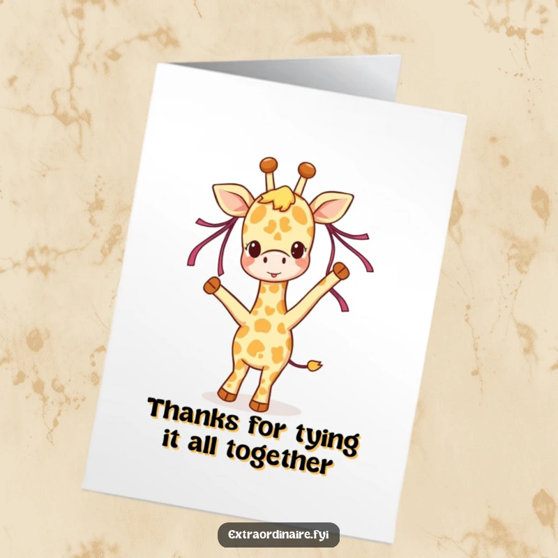 Funny Free Printable Thank You Card featuring a joyful giraffe character dancing gracefully with ribbons in its mane.