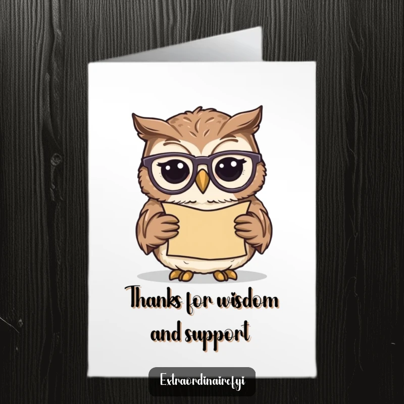 Free Printable Thank You Card featuring an owl with spectacles, calmly reading a scroll.
