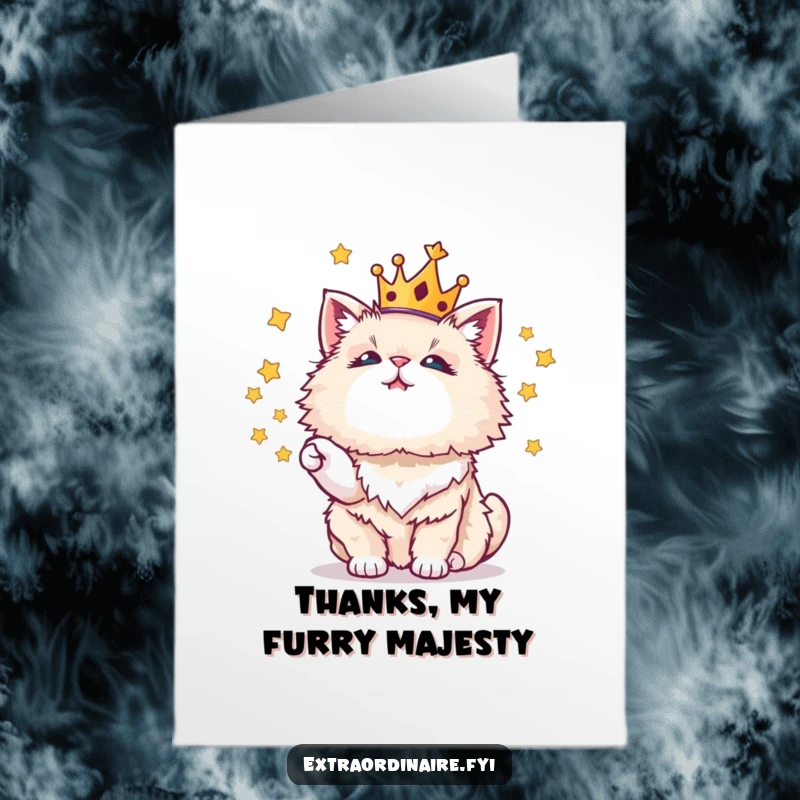 Funny Free Printable Thank You Card: A fluffy cat adorned with a crown juggles shining stars as thanks.