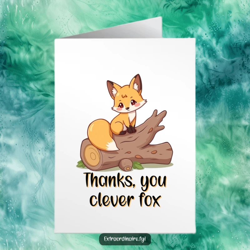 Funny Free Printable Fox Thank You Card: Playful fox elegantly posing on a log, conveying thanks with style.