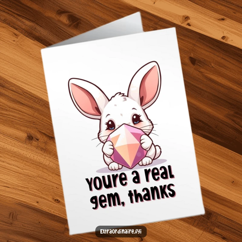 Funny Free Printable Thank You Card: A curious rabbit with large ears peeking from behind a sparkling gem, a charming thank you.