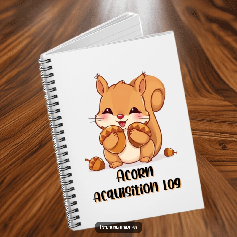 Funny notebook with a playful squirrel stuffing its cheeks with shiny acorns, inspiring organized note-taking.