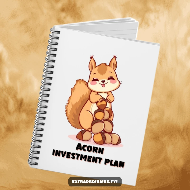Funny notebook with a giggling squirrel balancing a stack of acorns, great for notes and journaling with a nutty theme.