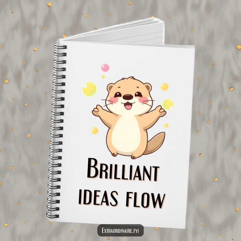 Funny playful otter character juggling glowing orbs, on the cover of a notebook, ideal for writing, a joyful and funny item.