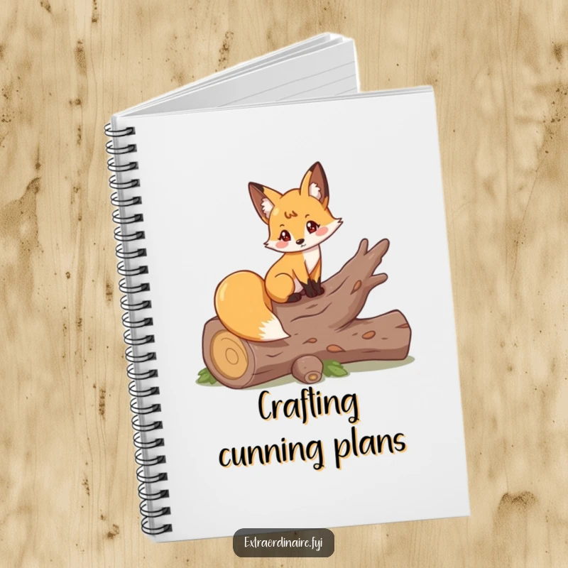 Funny notebook cover showcasing a playful fox in an elegant pose on a fallen log, inspiring creativity.