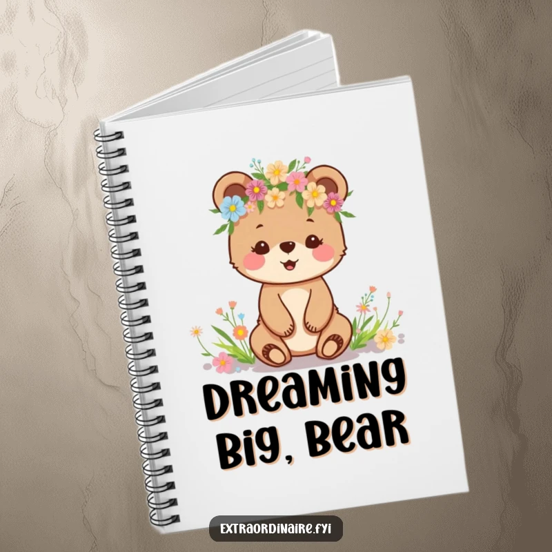 Funny notebook cover featuring a happy bear cub adorned with a wildflower crown, inspiring joyful writing.